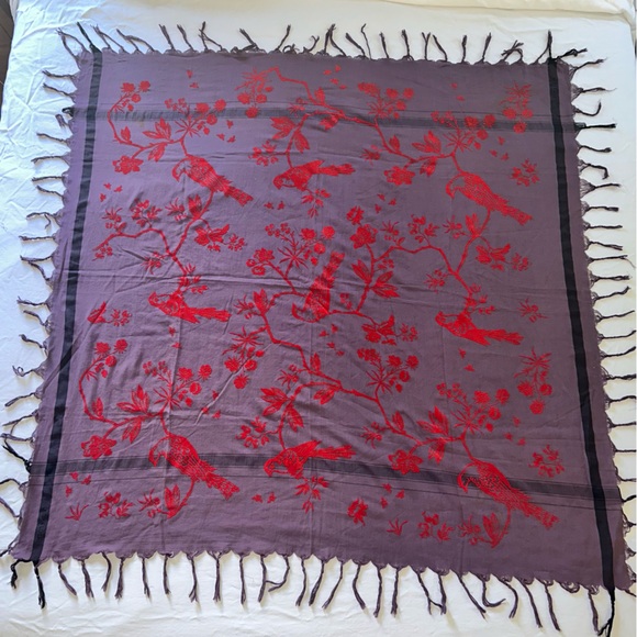 Leigh & Luca - Wrap / Scarf - Cotton and Silk w/ Velvet Flock Bird Flora Motif - Picture 2 of 9